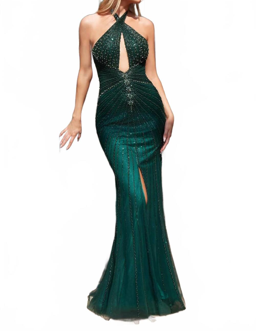 NEW CINDERELLA DIVINE vera embellished halter maxi gown in emerald